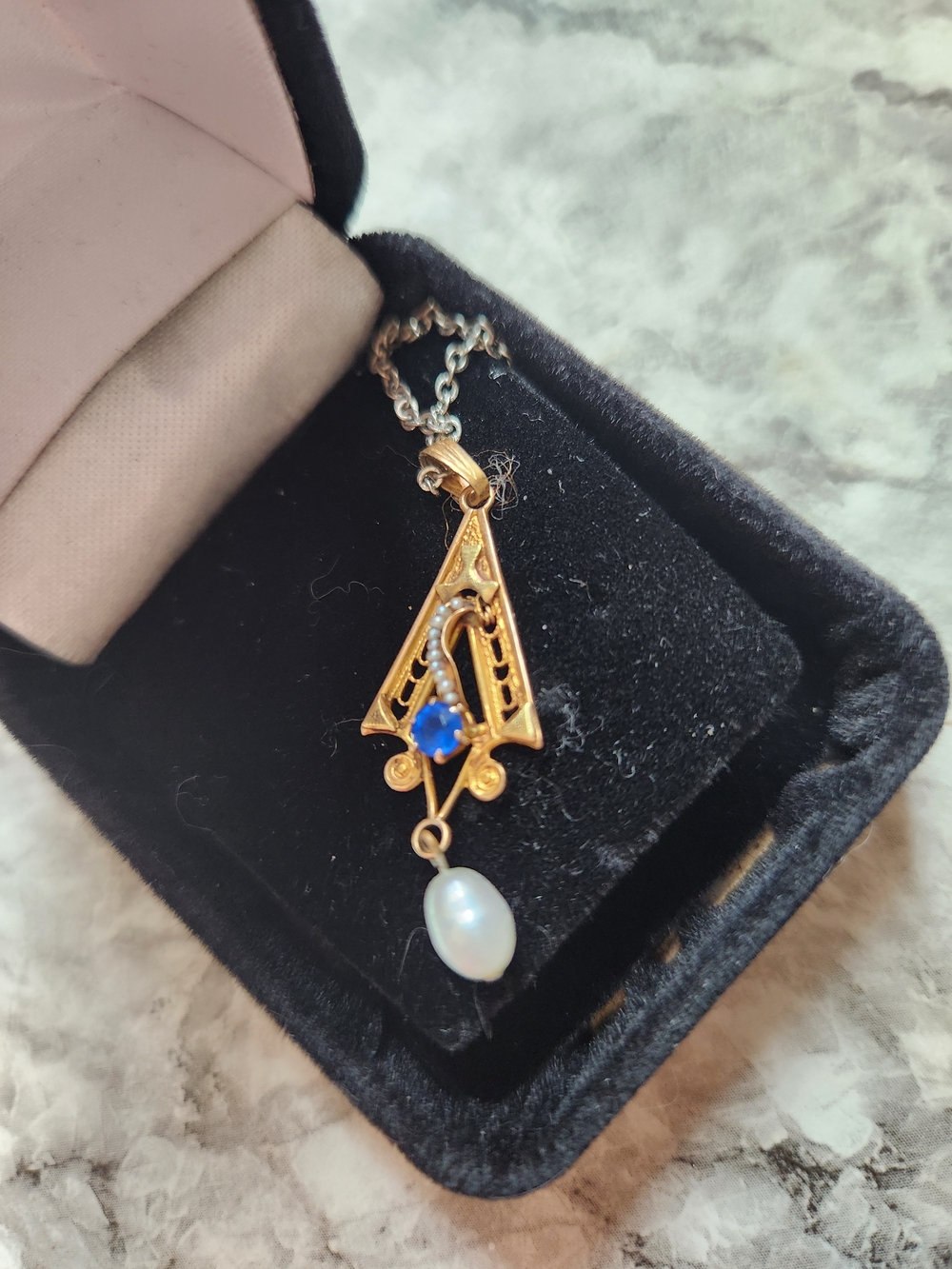 Vintage-Edwardian- Gold Tone Pearl Drop Pendant Necklace with Diamond Blue Stone
